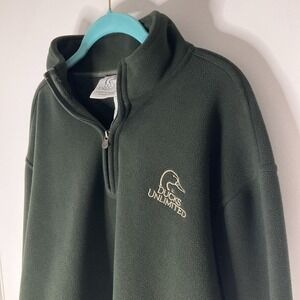 Ducks Unlimited Mens XL Green Fleece Pullover Quarter 1/4 Zip Mock Neck Logo
